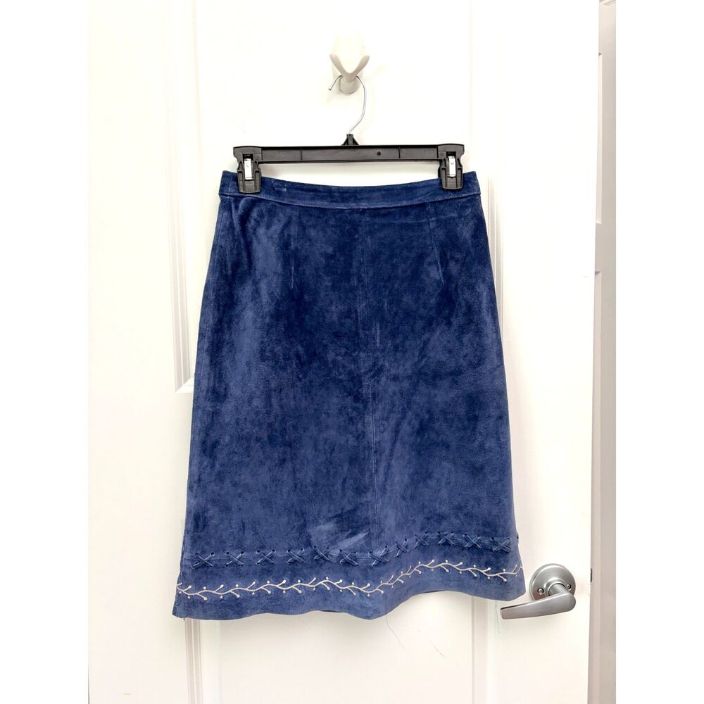 100% Suede Leather Embroidery A Line Skirt Womens 2 Blue Washable Western Boho